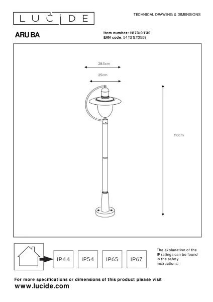 Lucide ARUBA - Lanterne / lampadaire exterieur Extérieur - 1xE27 - IP44 - Noir - technique